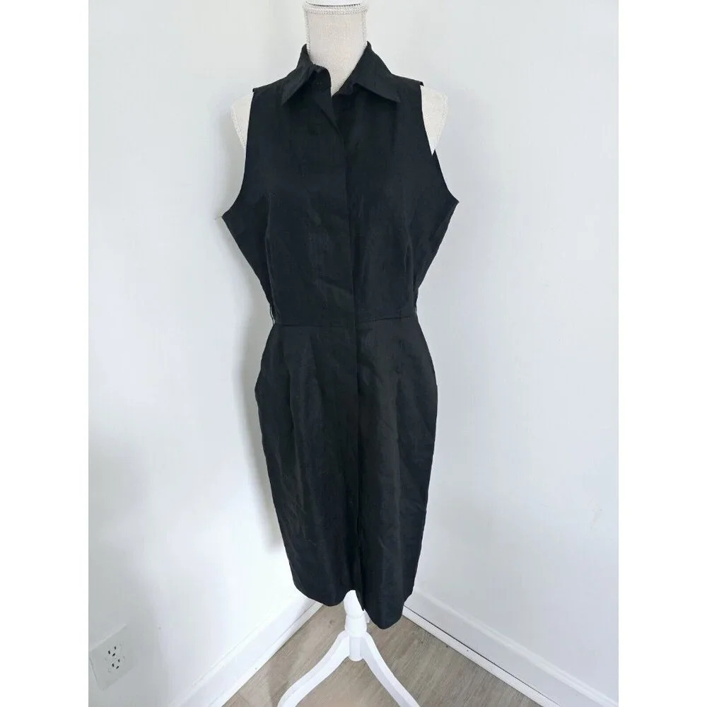 CC Courtenay Black Linen Sleeveless Collard Button Front Midi Vintage Dress 14 L